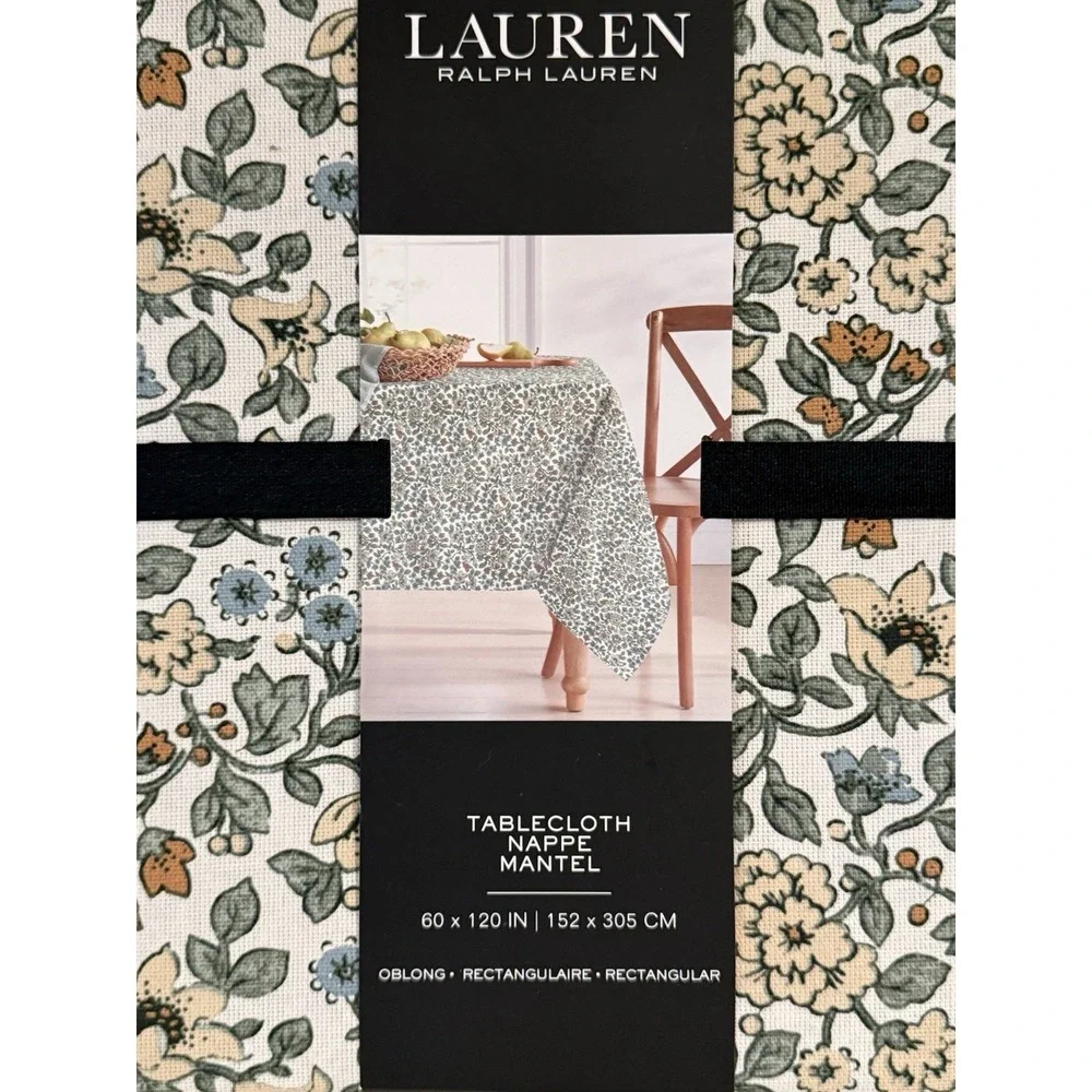 LAUREN RALPH LAUREN TABLECLOTH CREAM YELLOW RUST GREEN 100% COTTON 60 x 120 NIP